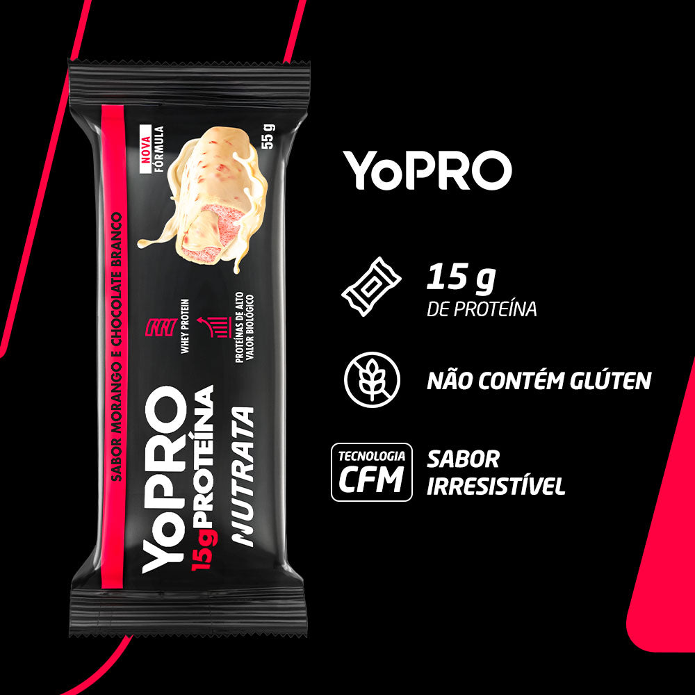 Display C/ 12 Barras Nutrata YoPro 55g - Morango com Chocolate Branco