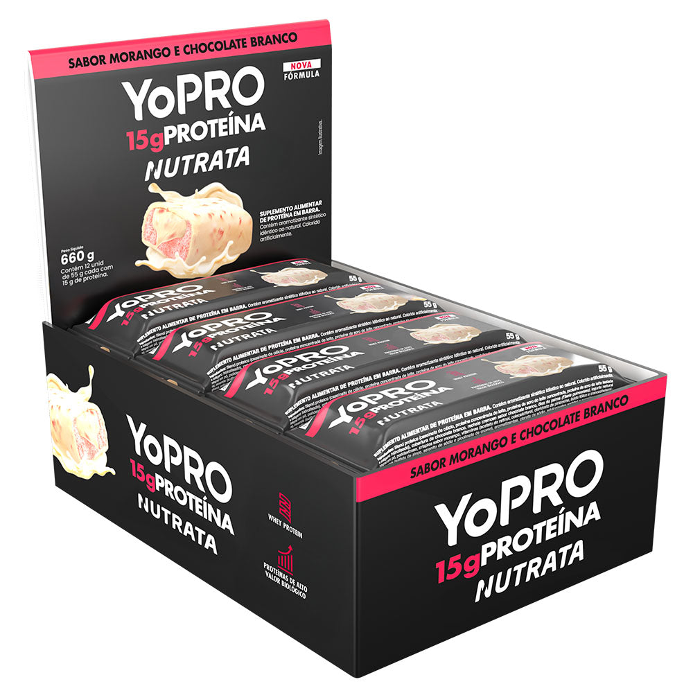 Display C/ 12 Barras YoPro Morango com Chocolate Branco 55g - Nutrata