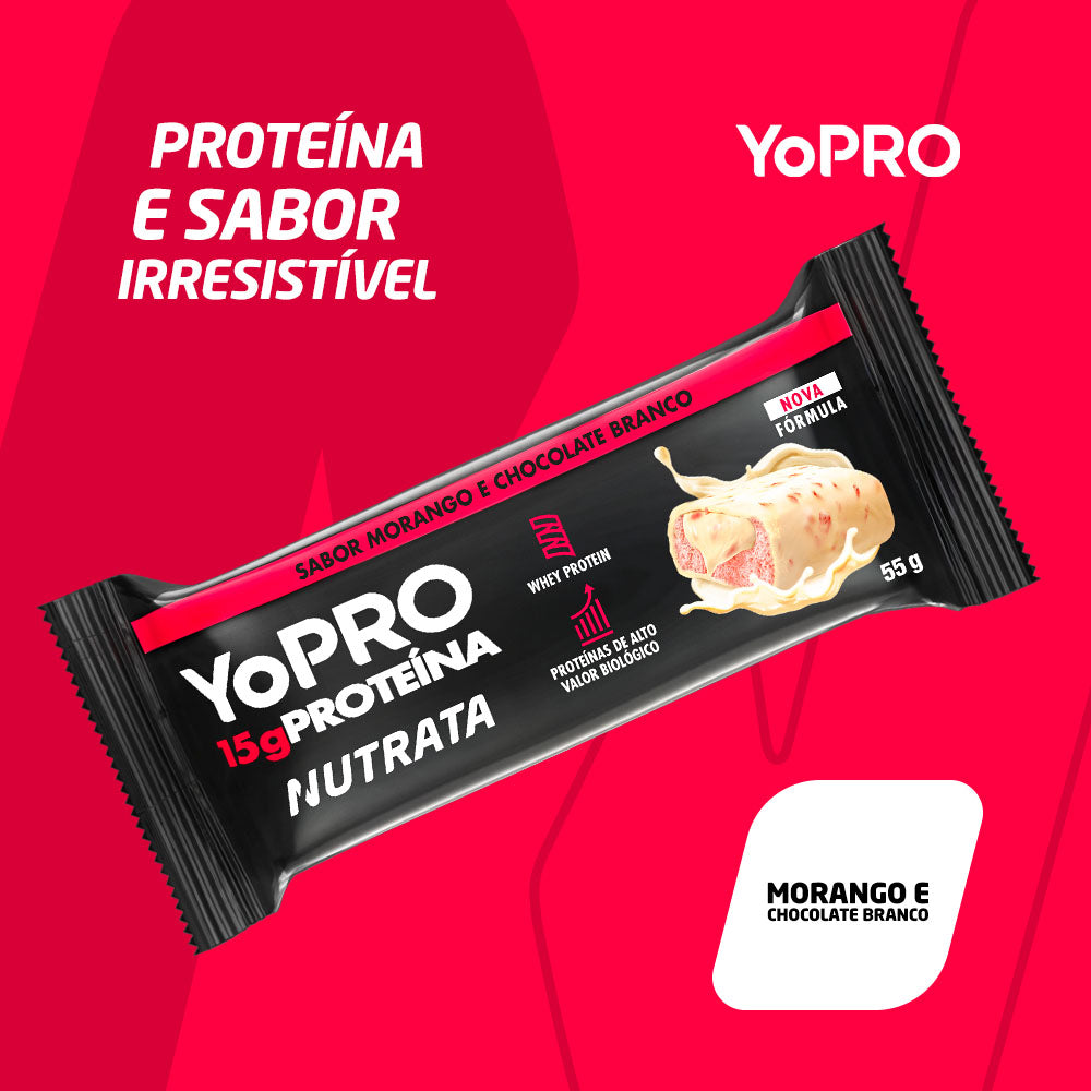 Display C/ 12 Barras YoPro Morango com Chocolate Branco 55g - Nutrata